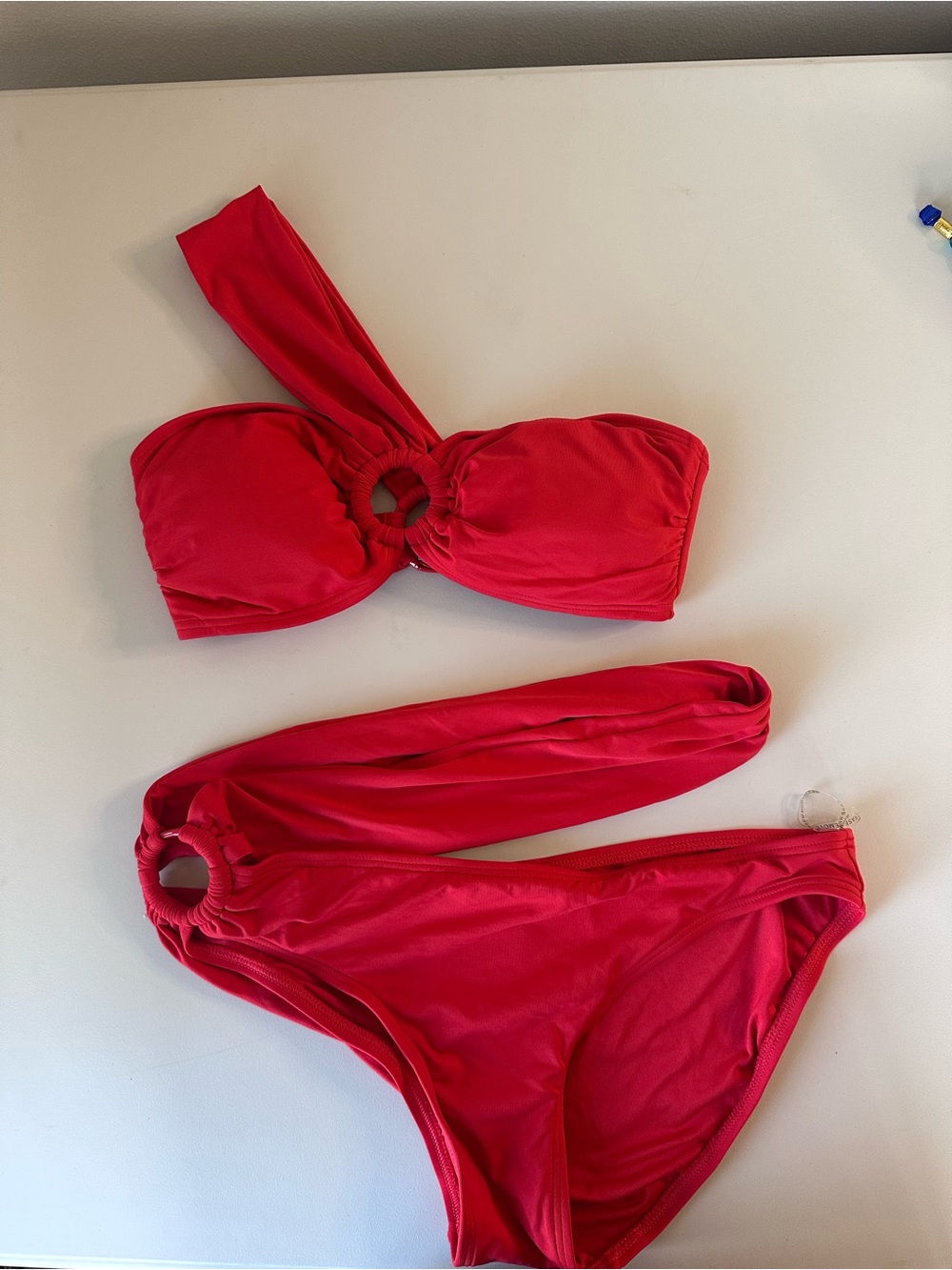 Carmen Marc Valvo Red One-Shoulder Bikini with Ring Details